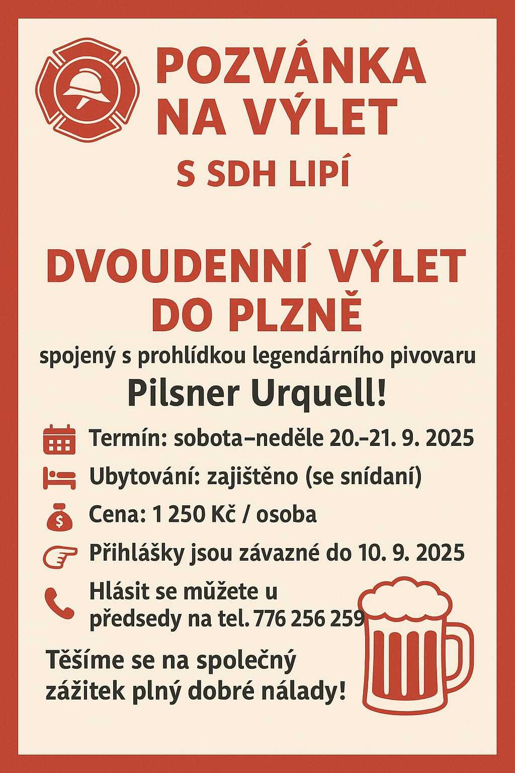 Pozvánka na výlet s SDH Lipí